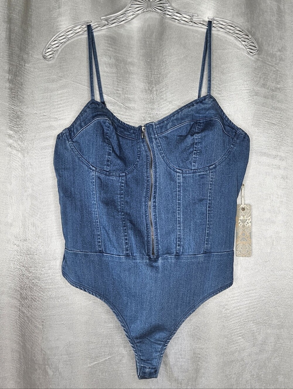 Iris denim bustier bodysuit front zipper and adjustable spaghetti straps NWT